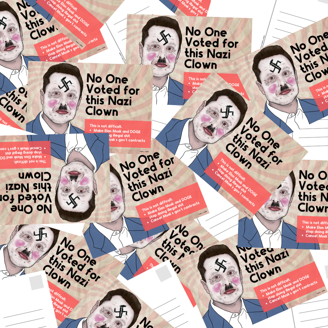 stacks of anti-elon must postcards